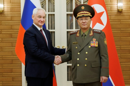 North Korea's Defence Minister No Kwang Chol, who has been added to an EU sanctions list, meeting Russian Defence Minister Andrei Belousov in November