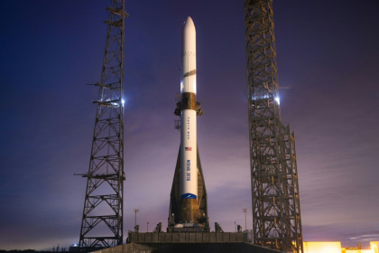 This handout photo courtesy of Blue Origin shows the New Glenn rocket on the launch pad at Launch Complex 36 at Cape Canaveral Space Force Station in Cape Canaveral, Florida