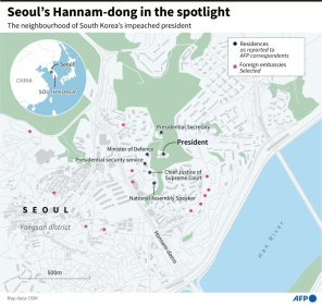 Map showing the neighbourhood of the residence of South Korea's impeached President Yoon Suk Yeol