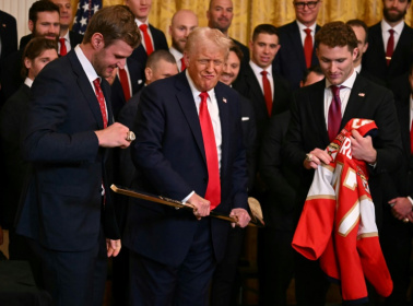 US President Donald Trump, seen here being presented with a hockey stick by players of the NHL 2024 Stanley Cup Champions Florida Panthers, agreed to pause tariffs on Canada and Mexico