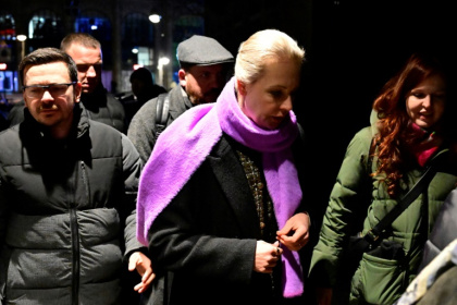 Yulia Navalnaya, widow of Alexei Navalny, arrives with Russian opposition politician Ilya Yashin to a memorial mass for the late Russian opposition leader