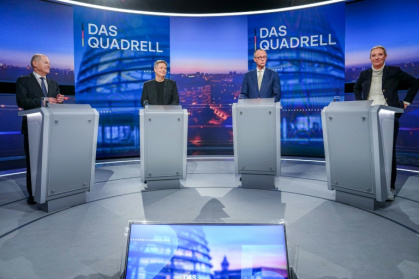 (L-R) Olaf Scholz, Robert Habeck, Friedrich Merz and Alice Weidel take part in a TV debate in Berlin on February 16, 2025