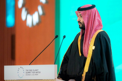 This handout picture released by the Saudi Ministry of Media shows Crown Prince Mohammed Bin Salman speaking during the One Water Summit in the capital Riyadh on December 3, 2024