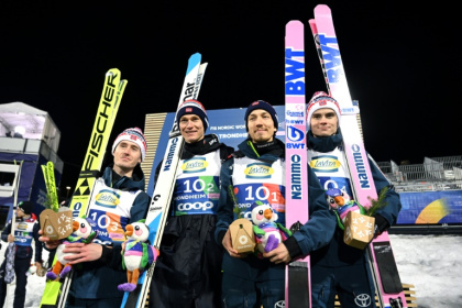 Suspended: Norway's Johann Andre Forfang (2nd R) and Marius Lindvik (R)