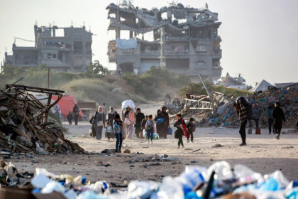 Palestinians displaced from north Gaza search for shelter amid the rubble and ruins of Gaza City.