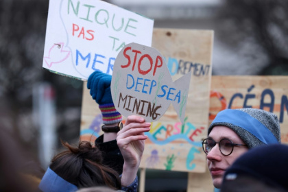 Activists rally against deep sea mining outside the European Parliament in March 2023 - Kenzo TRIBOUILLARD Activists rally against deep sea mining outside the European Parliament in March 2023 - Kenzo TRIBOUILLARD