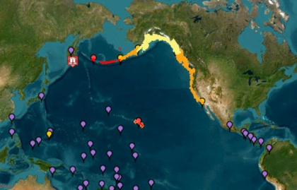 This image courtesy of the National Oceanic and Atmospheric Administration's Tsunami Warning System shows tsunami warnings (red), advisories (orange) watches (yellow) and threats (purple) after an 8.7 earthquake hit off of Russia's far east - - (AFP) This image courtesy of the National Oceanic and Atmospheric Administration's Tsunami Warning System shows tsunami warnings (red), advisories (orange) watches (yellow) and threats (purple) after an 8.7 earthquake hit off of Russia's far east - - (AFP)