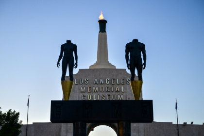 The LA28 Olympic cauldron is lit after a ceremonial lighting at the Memorial Coliseum ahead of the opening of registration for tickets to the Games - Frederic J. Brown (AFP)