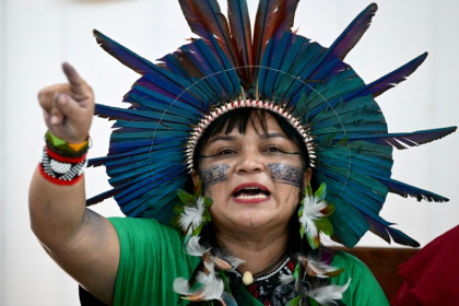 Auricelia Arapiun, pictured during the COP30 UN climate talks in 2025, was one of several Indigenous leaders protesting plans to dredge rivers in the Amazon - Pablo PORCIUNCULA (AFP)