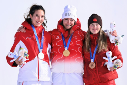 Freestyle skiing star Eileen Gu had to settle for Olympic silver after after losing to Switzerland's Mathilde Gremaud (C) in the slopestyle event while Megan Oldham (R) of Canada took bronze - Kirill KUDRYAVTSEV (AFP)