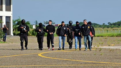 Alleged Latin American narco trafficker Sebastian Marset (3rd from left) was  arrested in Bolivia after eluding police for years - Handout (AFP)