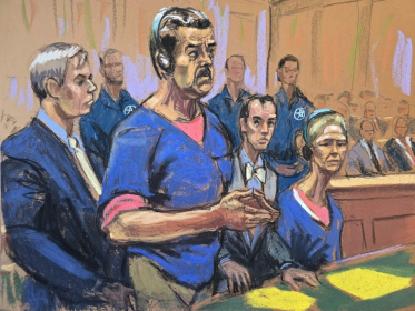 This courtroom sketch shows deposed president of Venezuela Nicolas Maduro (2nd-L), and his wife, Cilia Flores (seated), attending their arraignment in New York in January where they pleaded not guilty to charges of narco-terrorism - Jane ROSENBERG (AFP)