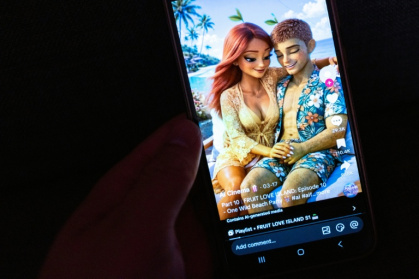 This illustration photograph shows shows "Fruit Love Island", an AI-generated TikTok micro-series based on the television hit "Love Island" -- except all the participants are sexy human-like fruit, in Tokyo on April 3, 2026 - Philip FONG (AFP)