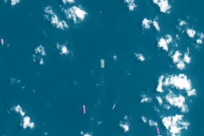 This handout satellite image released by the European Space Agency (ESA) shows two vessels conducting what appears to be an offshore cargo transfer off the southeast coast of the Malay Peninsula near Singapore on April 3 - Handout (AFP)