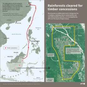 Infographic map tracking the delivery of pulp wood from Indonesian forestry concessions to a Chinese packaging facility - John SAEKI, Nicholas SHEARMAN (AFP)