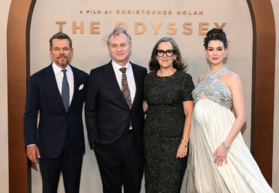 The epic film, directed by Christopher Nolan (middle left) and produced by his wife Emma Thomas (center right), features an ensemble cast including Matt Damon (L) and Anne Hathaway (R) - Dimitrios Kambouris (AFP)