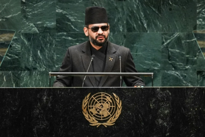 Addressing the General Assembly during its high-level week in sunglasses, Shah said a warming climate was 'destabilizing the fragile Himalayan ecology,' melting permafrost and glaciers and accelerating hazards - RYAN MURPHY (AFP)